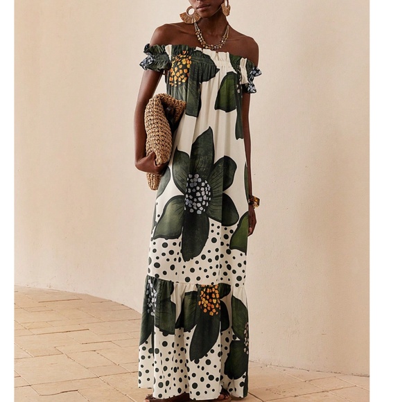 Boho Floral Print Off Shoulder Ruffle Hem Maxi Dress - Picture 4 of 6